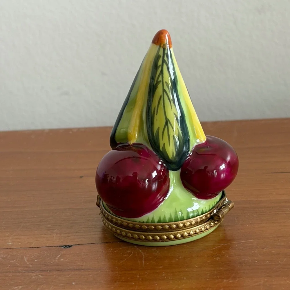 Limoges France Peint Main Cherry Porcelain Trinket Box Hand Painted Hinged Fruit